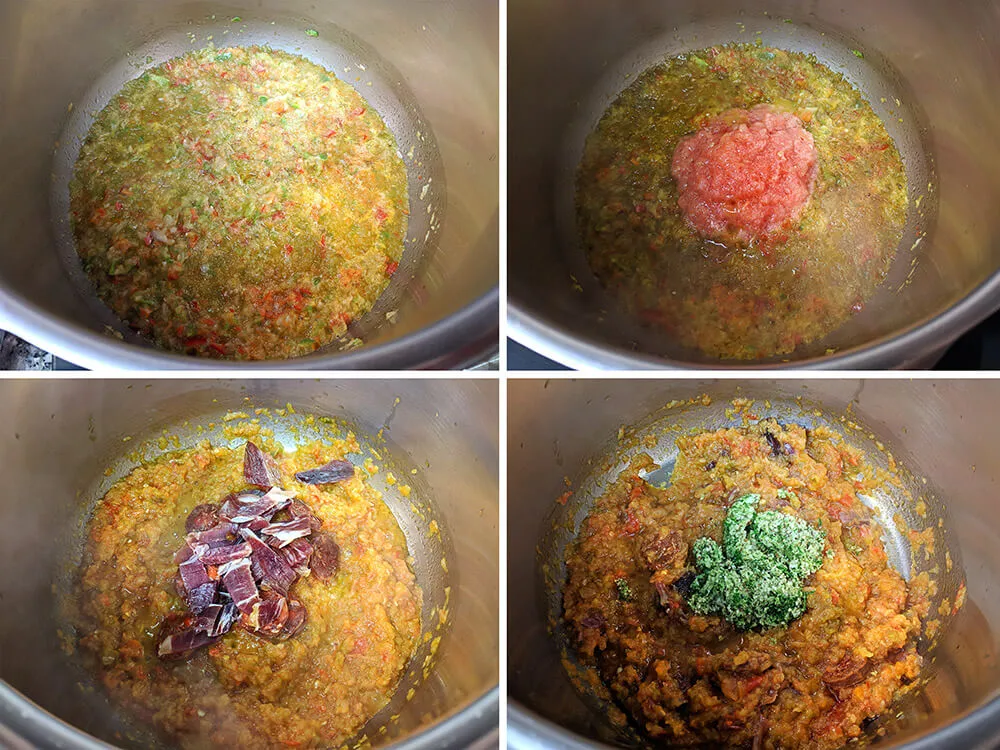 Sofrito de cebolla, pimiento, ajo, tomate.