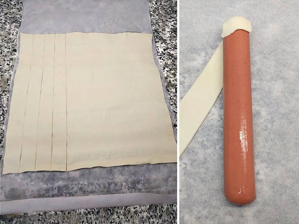 Masa de hojaldre cortada y salchicha
